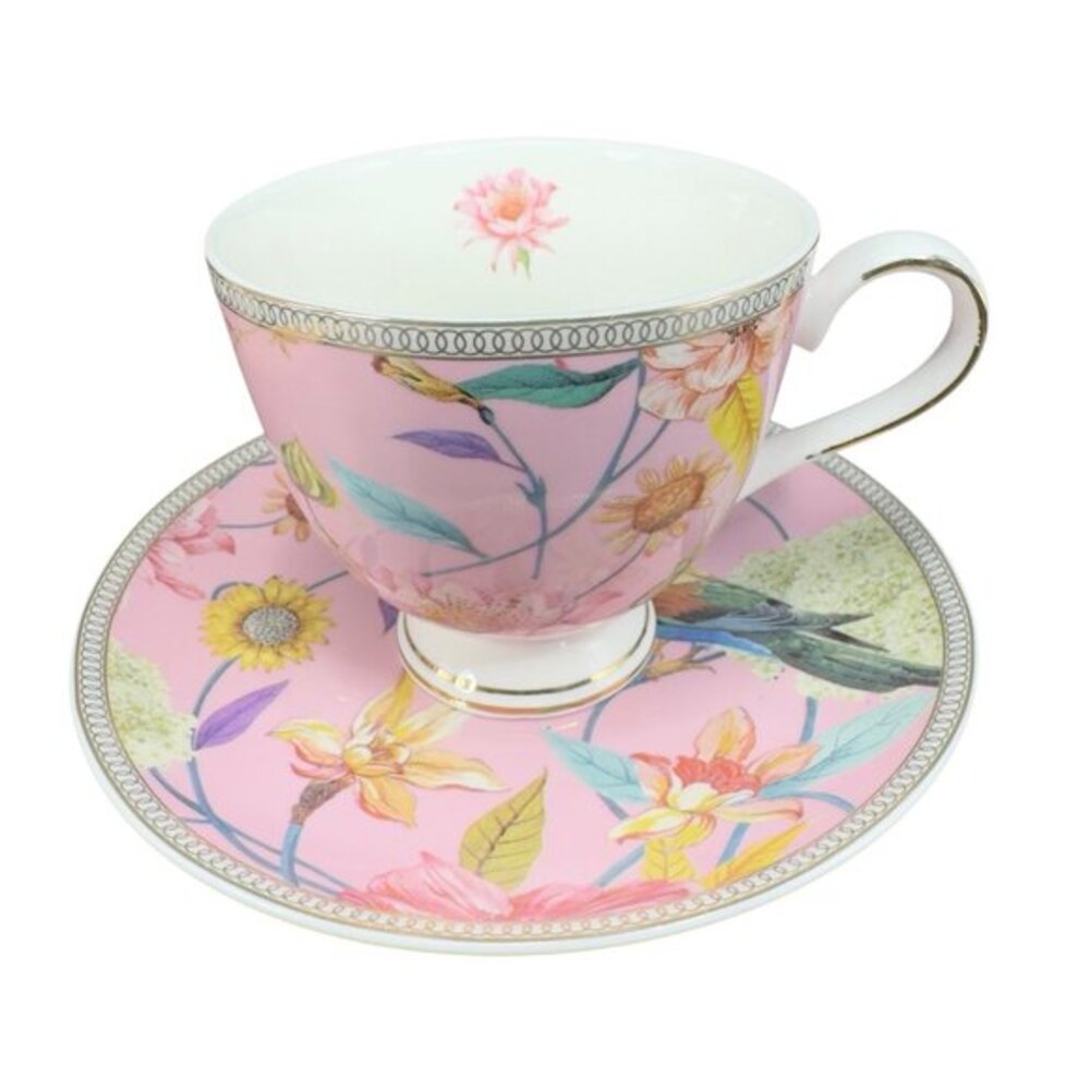 Shabby Chic‎ Fine Porcelain Teacup And Saucer Set Tea Cup Plate Pink Floral Bird